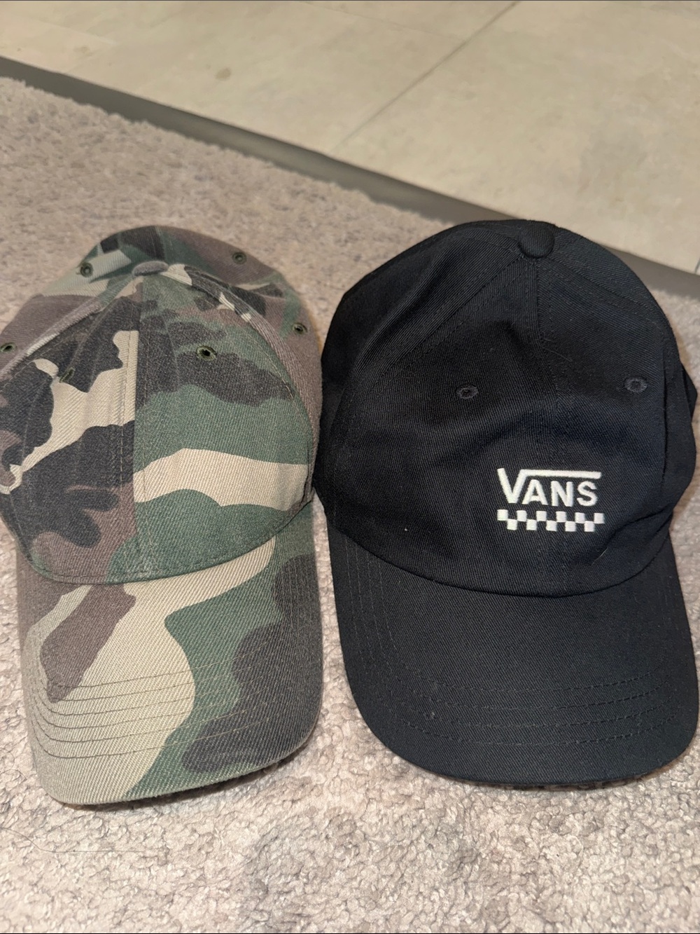 Vans Black Cap with White Checker Logo + Green Camo Baseball Hat Duo